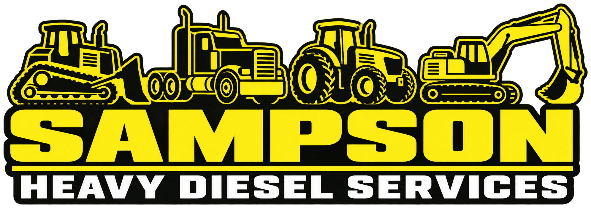 Sampson Heavy Diesel Services logo with bulldozer, truck, tractor and digger